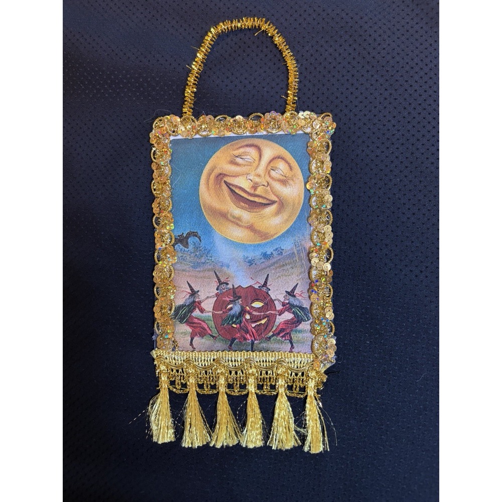 Handmade Halloween Ornament~Victorian Man in the Moon Gold Braiding Tassels OOAK